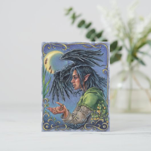Raven Guide Postcard Fantasy Fairytale Moon Postkarte (Stehend Vorderseite)