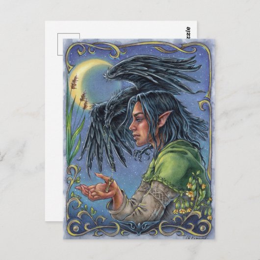 Raven Guide Postcard Fantasy Fairytale Moon Postkarte (Vorne/Hinten)