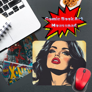 Raven-haarige Frau Retro Comic Buchkunst Mousepad