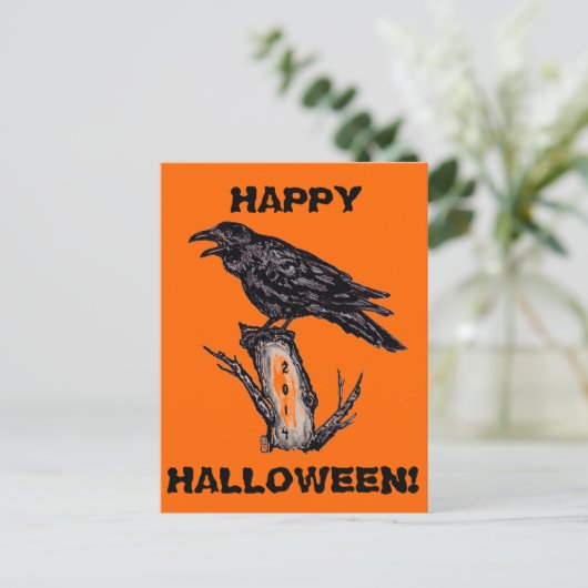 Raven Halloween Postcard, Datum kann geändert werd Postkarte (Stehend Vorderseite)