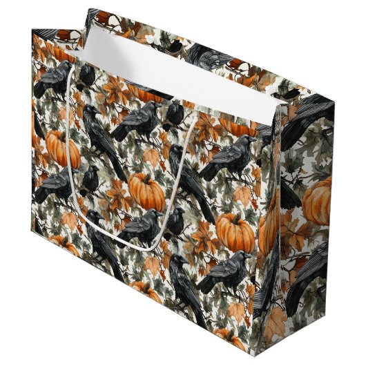 Raven Halloween Pumpkins Wasserfarben Herbst Große Geschenktüte (Vorderseite Schrägansicht)