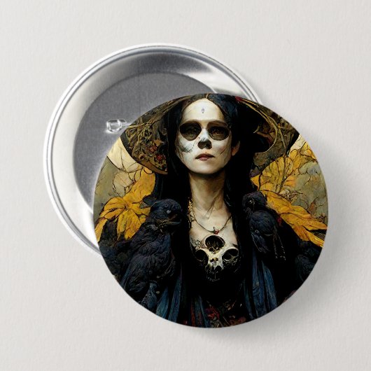 Raven Hexe 3 Fantasy Horror Goth Gothic Button (Vorne & Hinten)