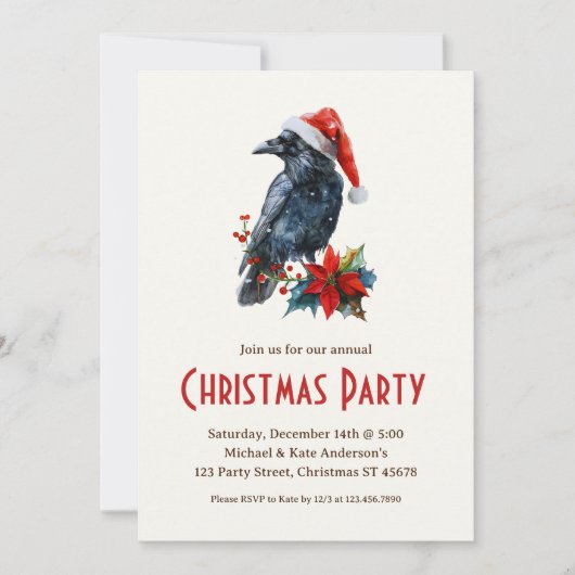 Raven in der Weihnachtsmannmütze Black Bird Weihna Einladung (Vorderseite)