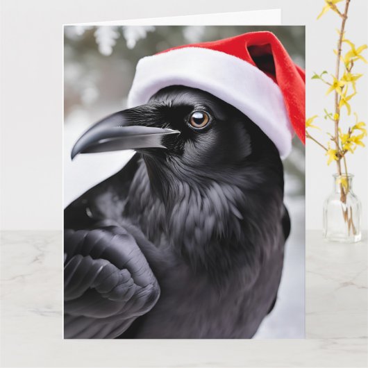 Raven in der Weihnachtsmannmütze Weihnachten Karte (Gelbe Blume)
