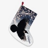 Raven in Flight Wintery Blue White Swirl Elegant Großer Weihnachtsstrumpf (Vorderansicht (hängend))