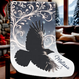Raven in Flight Wintery Blue White Swirl Elegant Großer Weihnachtsstrumpf