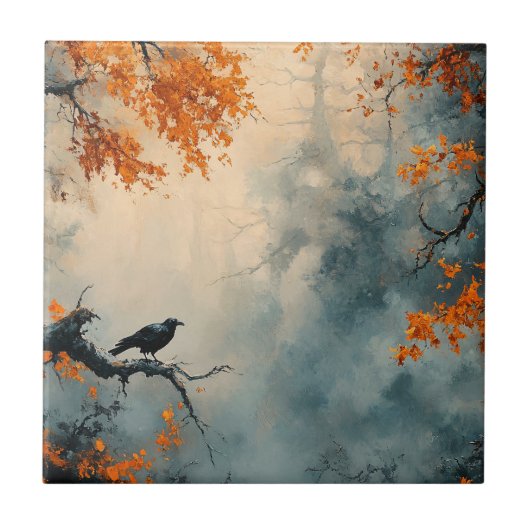 Raven in Misty Autumn Forest Fliese (Vorderseite)