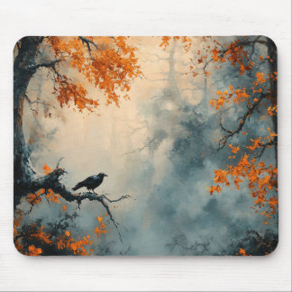 Raven in Misty Autumn Forest Mousepad