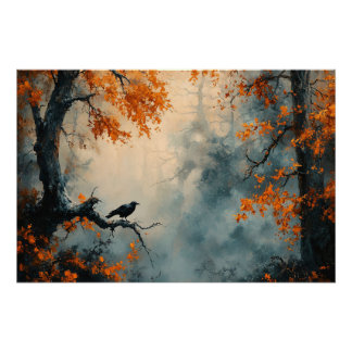 Raven in Misty Autumn Forest Poster