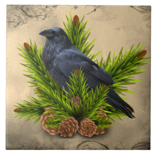 Raven in Pine Tree Trivet Decorative Keramik Tile Fliese
