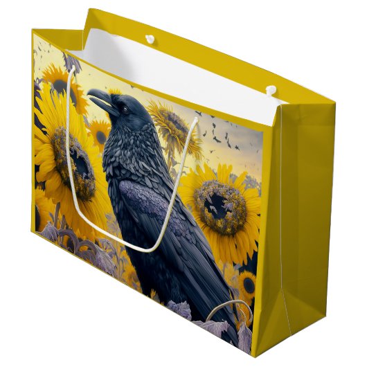 Raven in Sunflower Field Große Geschenktüte (Vorderseite Schrägansicht)