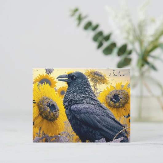 Raven in Sunflower Field Postkarte (Stehend Vorderseite)