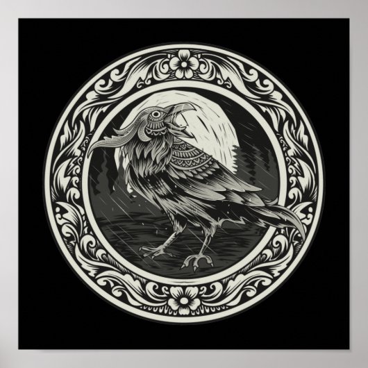 Raven Medallion Carving Art Bird Nature Poster (Vorne)