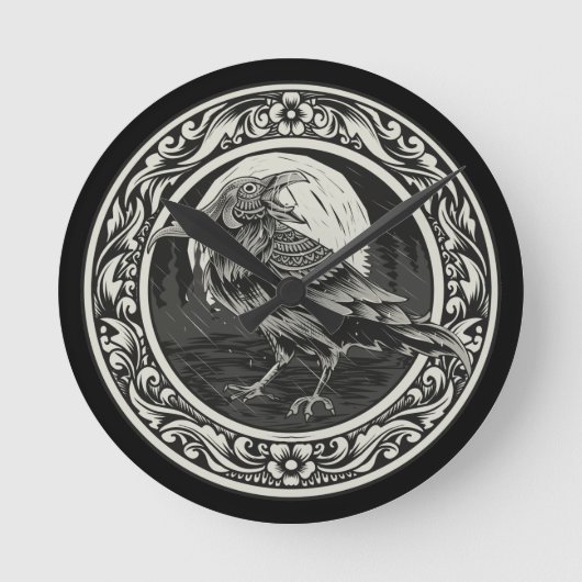 Raven Medallion Carving Art Bird Nature Runde Wanduhr (Vorderseite)