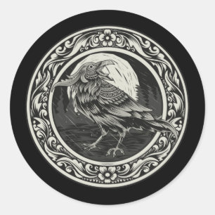 Raven Medallion Carving Art Bird Nature Runder Aufkleber