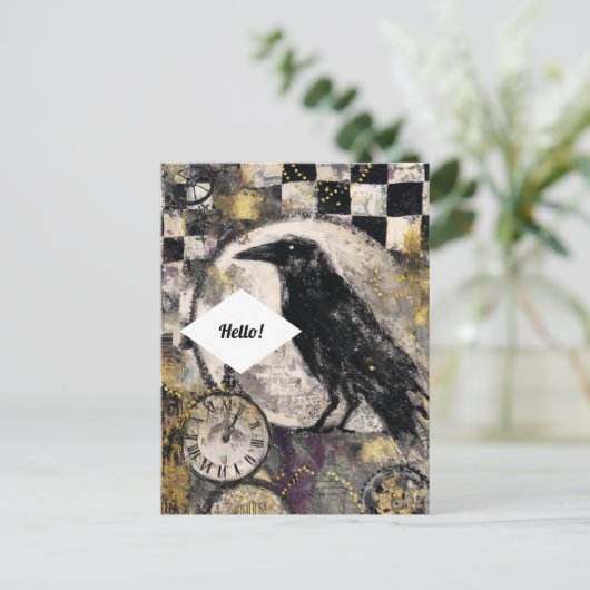 Raven Mixed Media Collage Postkarte (Stehend Vorderseite)
