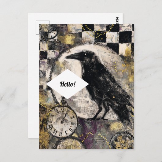 Raven Mixed Media Collage Postkarte (Vorne/Hinten)