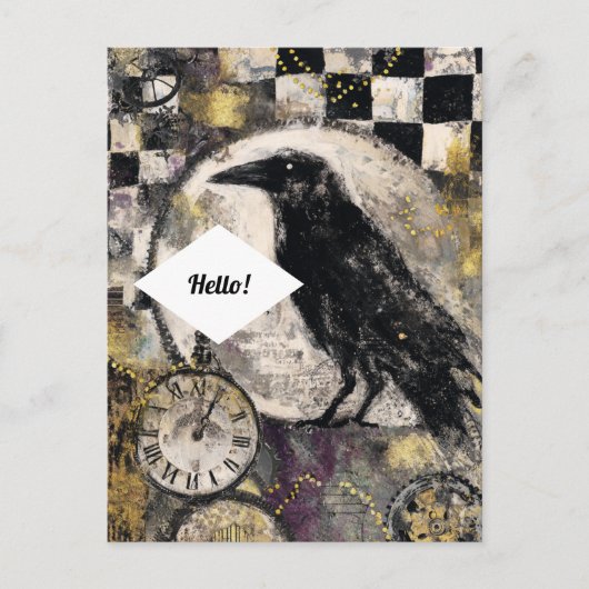 Raven Mixed Media Collage Postkarte (Vorderseite)
