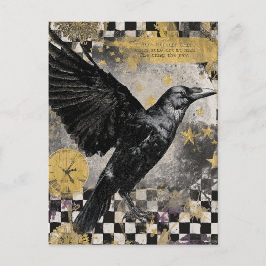 Raven Mixed Media Collage Postkarte (Vorderseite)