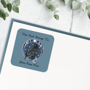 Raven Moon Phases Stars Blue Buchzeichen Quadratischer Aufkleber