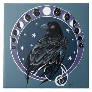 Raven Moon Phases Stars Blue Fliese