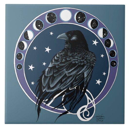 Raven Moon Phases Stars Blue Fliese (Vorderseite)