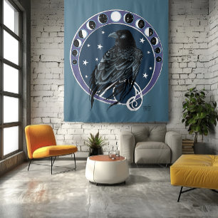 Raven Moon Phases Stars Blue Wandteppich