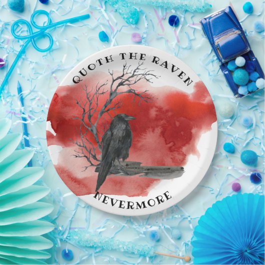 Raven on Branch Blood Red Background Pappteller (Party)