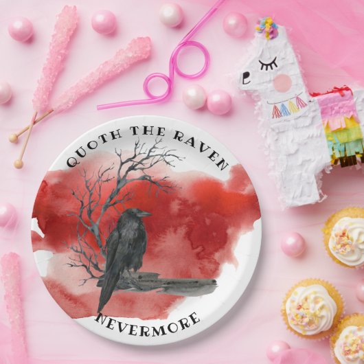 Raven on Branch Blood Red Background Pappteller (Party)