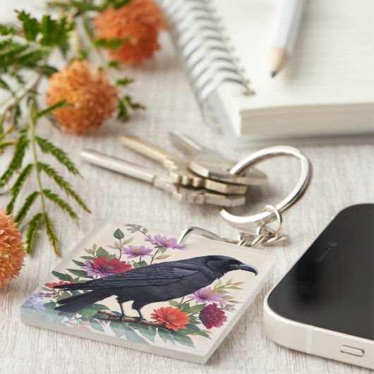 Raven on Branch farbenfrohe Blumenkunst Schlüsselanhänger (Vorderseite rechts)