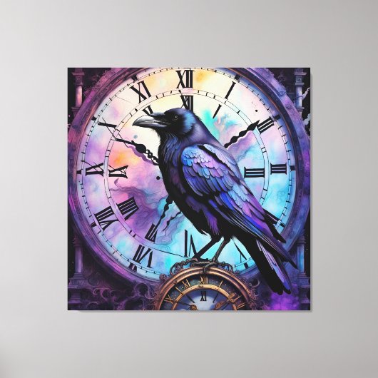 Raven on Clock Watercolor Leinwanddruck (Vorderseite)