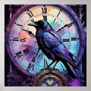 Raven on Clock Watercolor Poster