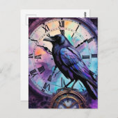 Raven on Clock Watercolor Postkarte (Vorne/Hinten)