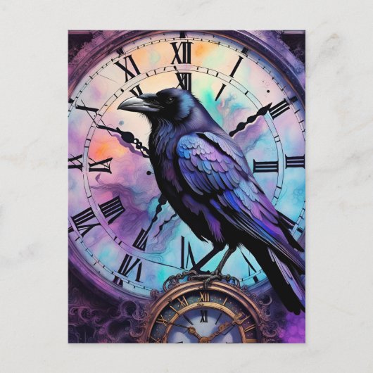 Raven on Clock Watercolor Postkarte (Vorderseite)