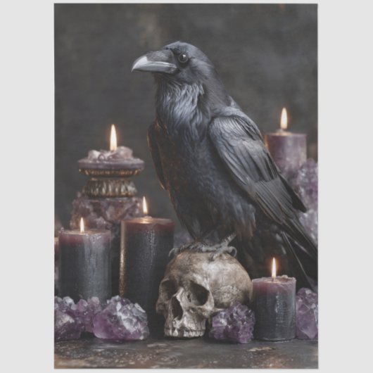 Raven on Skull mit Kerzen und Amethyst-Kristallen Seidenpapier (Vorderseite)
