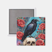 Raven on Skull Rote Rosen Aquamariner Hintergrund Magnet (Vorderseite/Rückseite)