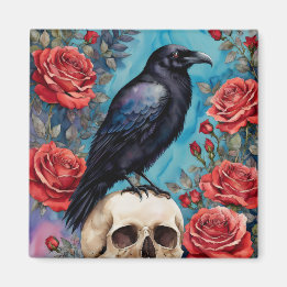 Raven on Skull Rote Rosen Aquamariner Hintergrund Magnet