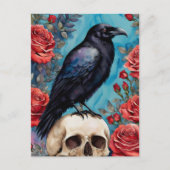 Raven on Skull Rote Rosen Aquamariner Hintergrund Postkarte (Vorderseite)