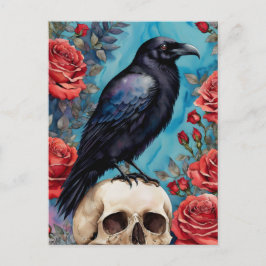 Raven on Skull Rote Rosen Aquamariner Hintergrund Postkarte