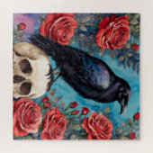 Raven on Skull Rote Rosen Aquamariner Hintergrund Puzzle (Horizontal)