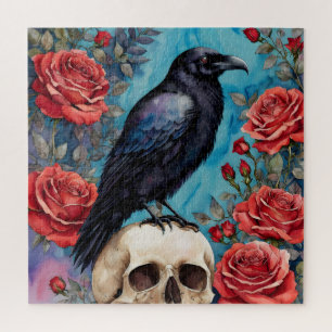 Raven on Skull Rote Rosen Aquamariner Hintergrund Puzzle
