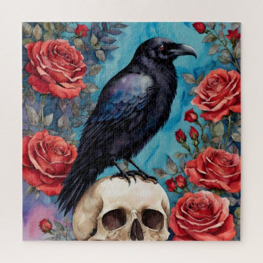 Raven on Skull Rote Rosen Aquamariner Hintergrund Puzzle (Vertikal)