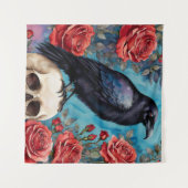 Raven on Skull Rote Rosen Aquamariner Hintergrund Wandteppich (Vorderseite (Horizontal))