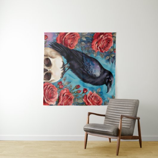 Raven on Skull Rote Rosen Aquamariner Hintergrund Wandteppich (Beispiel (Horizontal))
