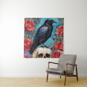 Raven on Skull Rote Rosen Aquamariner Hintergrund Wandteppich (Beispiel)
