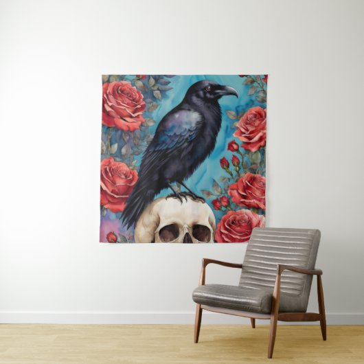 Raven on Skull Rote Rosen Aquamariner Hintergrund Wandteppich (Beispiel)
