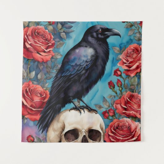 Raven on Skull Rote Rosen Aquamariner Hintergrund Wandteppich (Vorderseite)