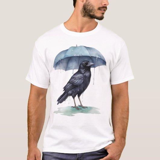 Raven Playing in Regen mit einem Schirm Novelty T-Shirt (Vorderseite)