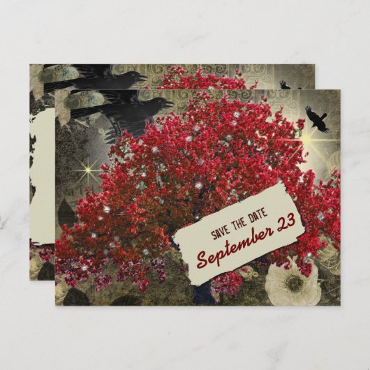 Raven Red Tree Gothic Save the Date Ankündigungspostkarte (Vorne/Hinten)