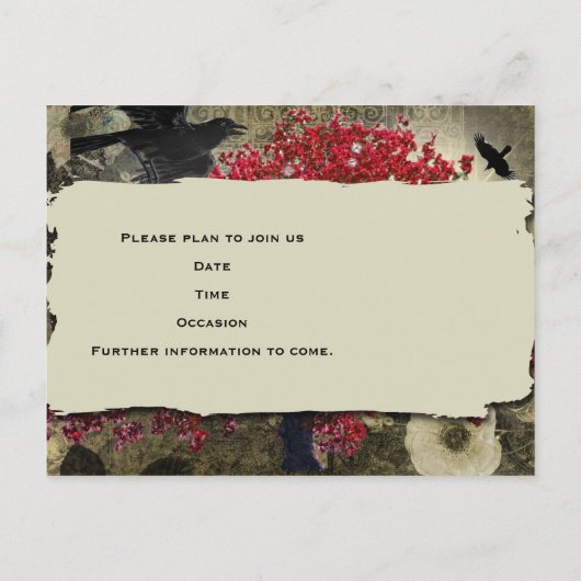 Raven Red Tree Gothic Save the Date Ankündigungspostkarte (Rückseite)